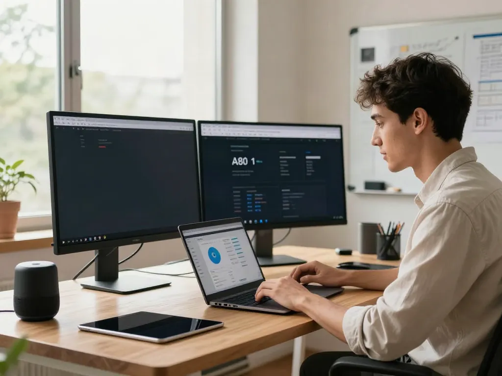Dynamic tech workspace showcasing engagement with the A80 website.