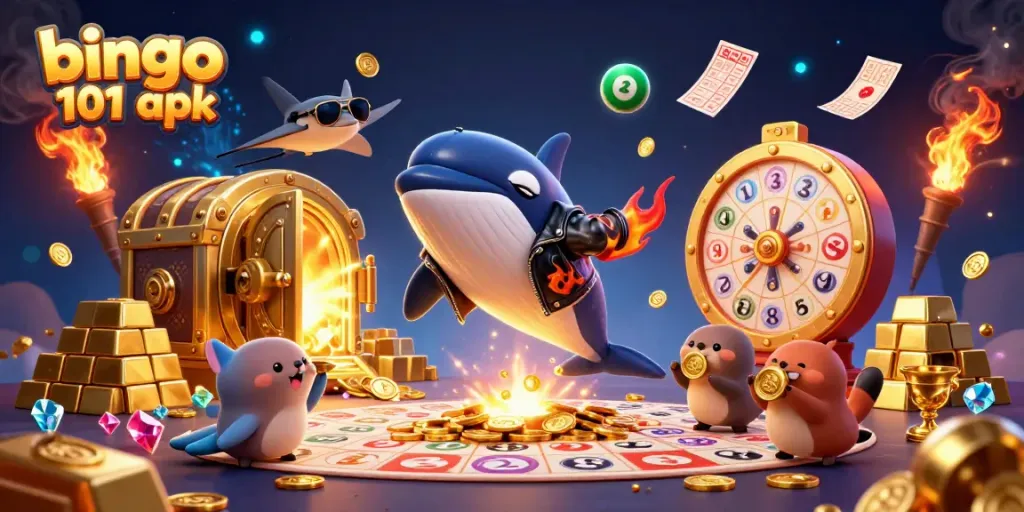Gambarkan pengalaman bermain bingo 101 apk dengan kasino virtual yang berwarna-warni dan karakter lucu