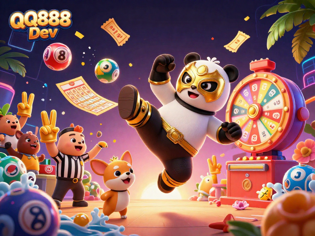 Win big with exciting games at QQ888 Dev, vibrant atmosphere illustrated with animated characters!