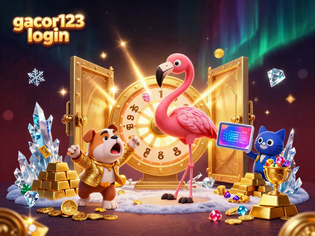Experience the excitement of gacor123 login with a dynamic game show scene featuring animated characters and dazzling rewards.