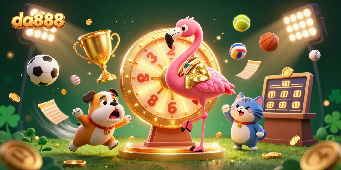 Engage with da888's vibrant gaming scene featuring a flamingo host, sports action, and jackpot excitement.