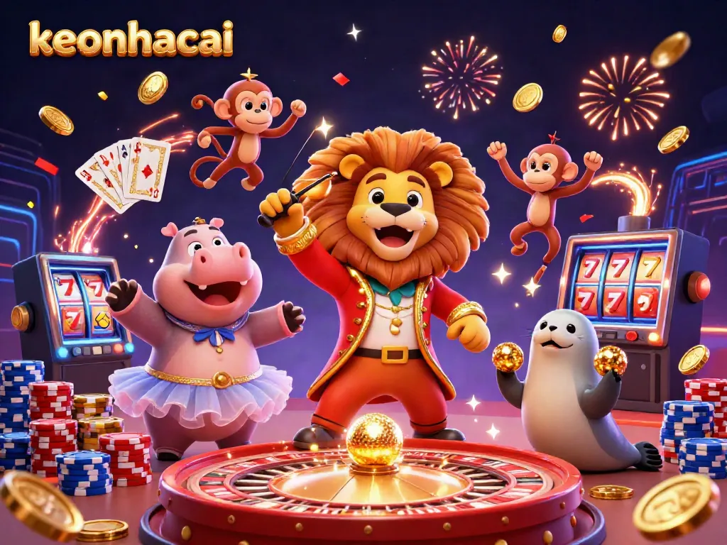 Experience keonhacai's thrilling action with vibrant casino characters and sparkling elements.