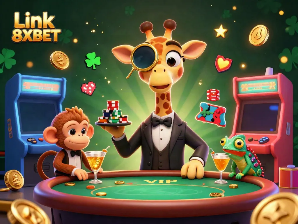 Experience the excitement of Link 8XBET with a high-roller giraffe and vibrant casino elements.