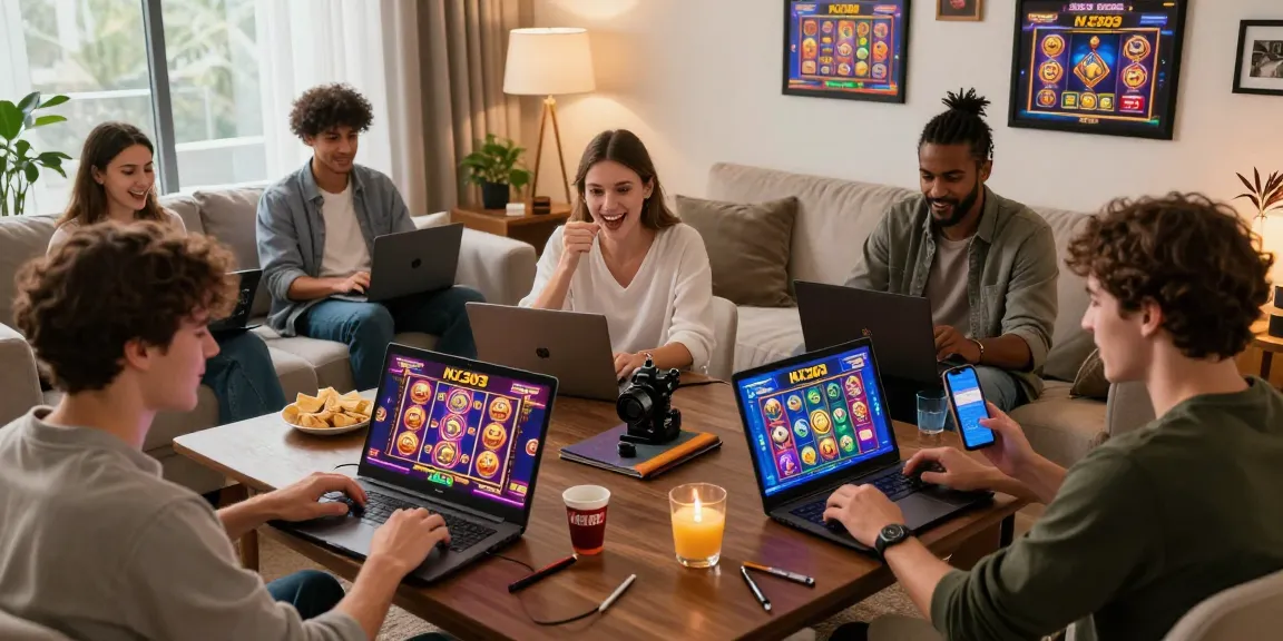 Users engaging with NX303 online slot games across devices in a cozy home setting.