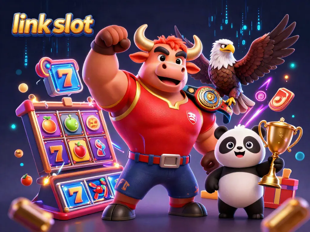 Engage with the excitement of link slot games featuring a bull mascot and friends in a vibrant 3D illustration.